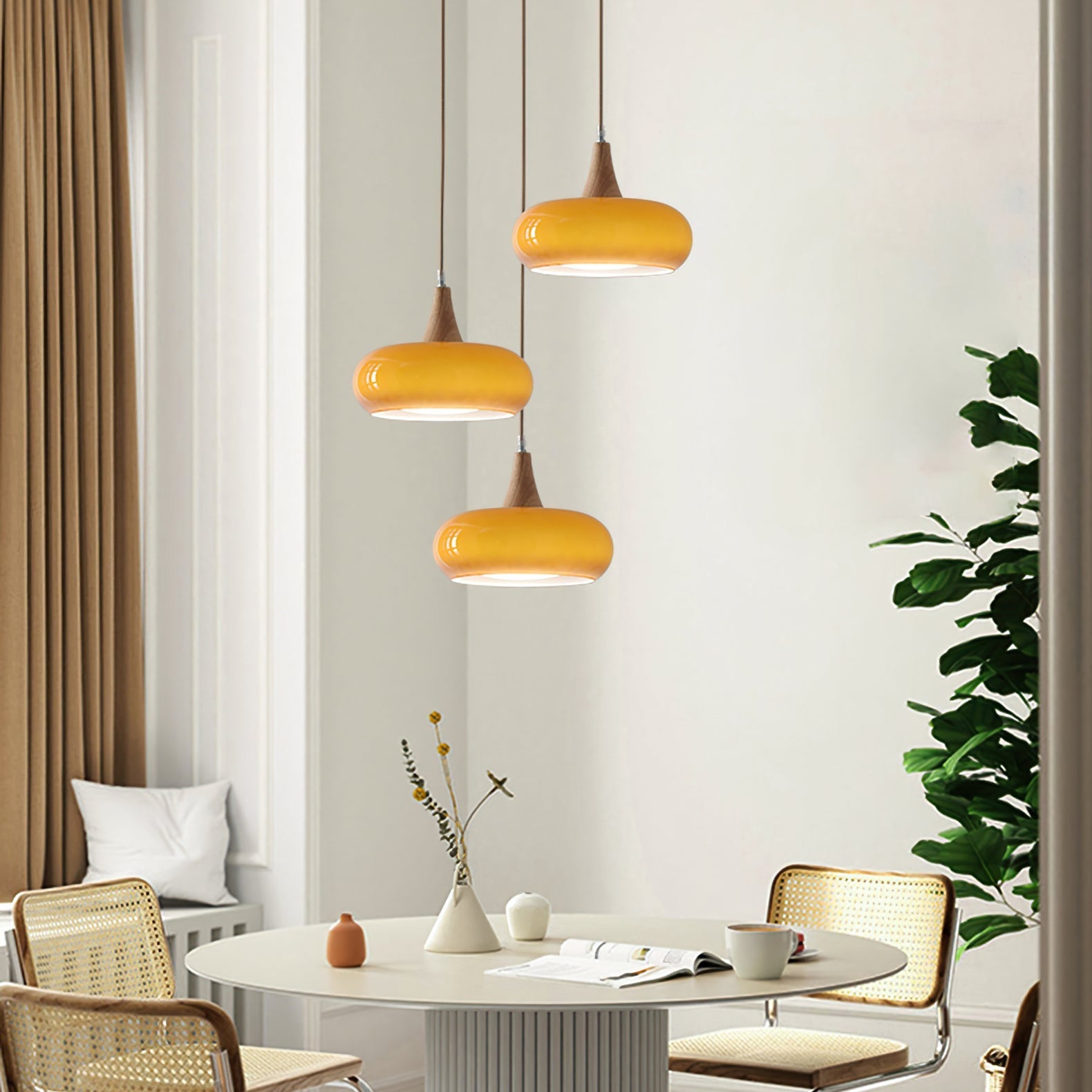 Modern Amber Glass And Round Wood Accent Pendant Light With Metal Frame