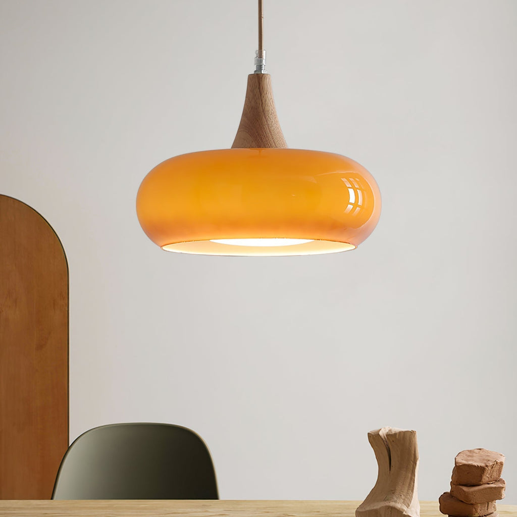 Modern Amber Glass And Round Wood Accent Pendant Light With Metal Frame