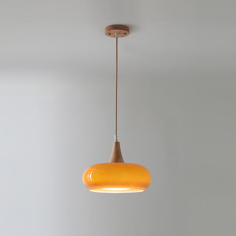 Modern Amber Glass And Round Wood Accent Pendant Light With Metal Frame