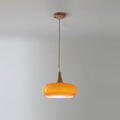 Modern Amber Glass And Round Wood Accent Pendant Light With Metal Frame