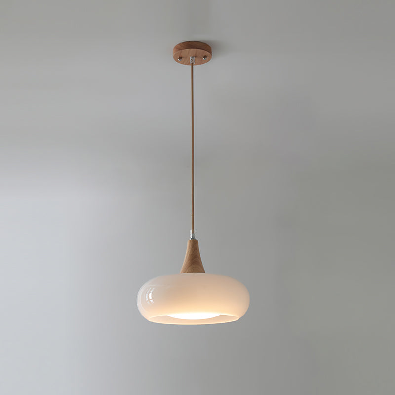 Modern Amber Glass And Round Wood Accent Pendant Light With Metal Frame
