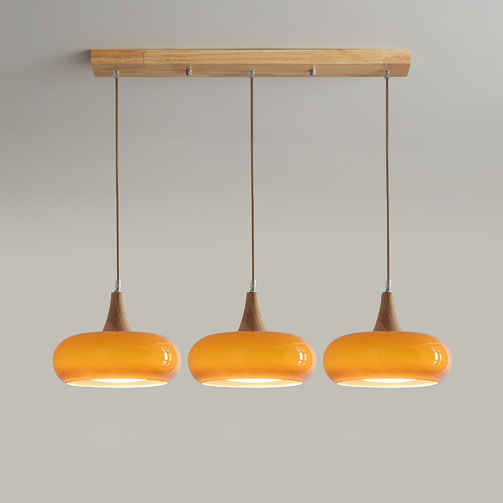 Modern Amber Glass And Round Wood Accent Pendant Light With Metal Frame