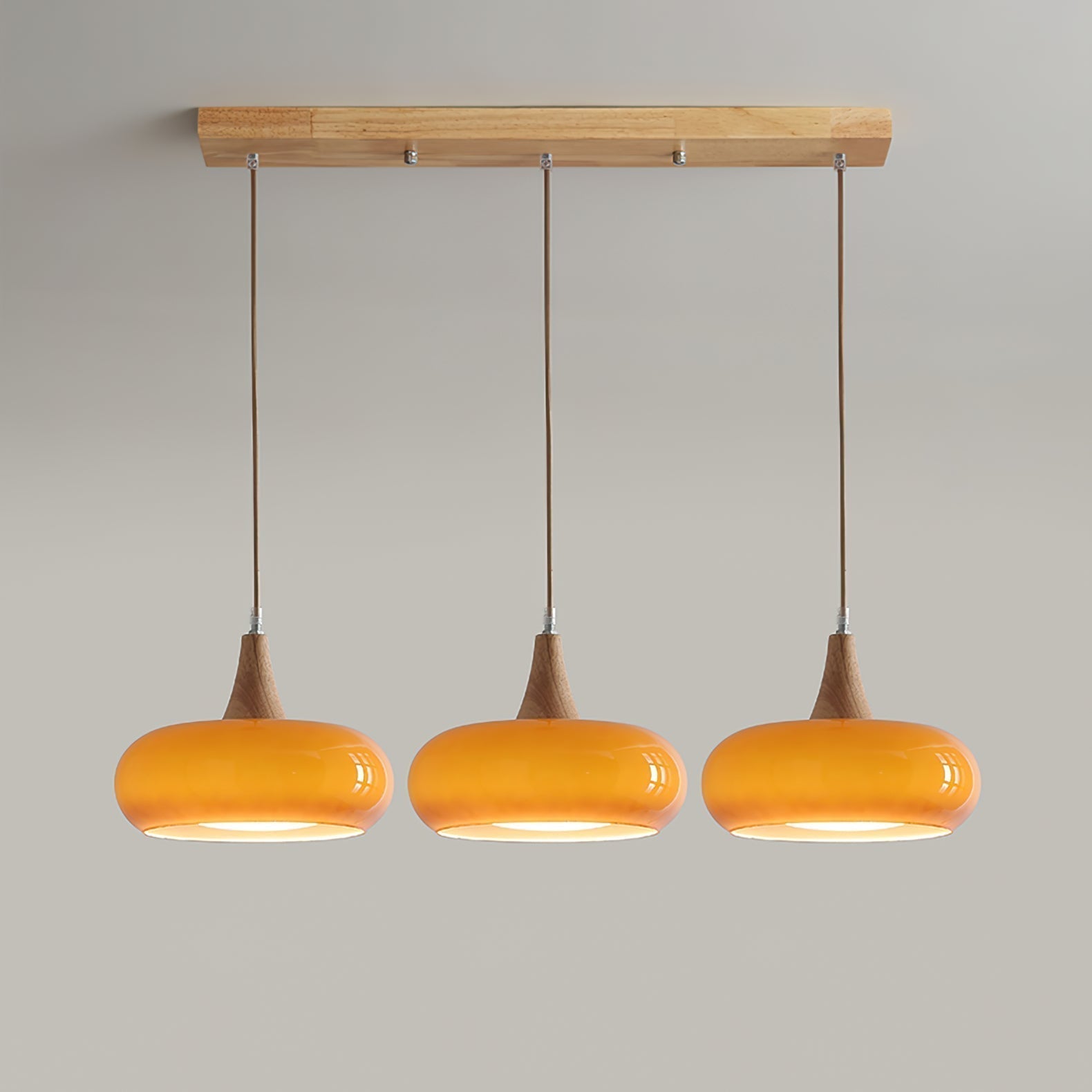 Modern Amber Glass And Round Wood Accent Pendant Light With Metal Frame