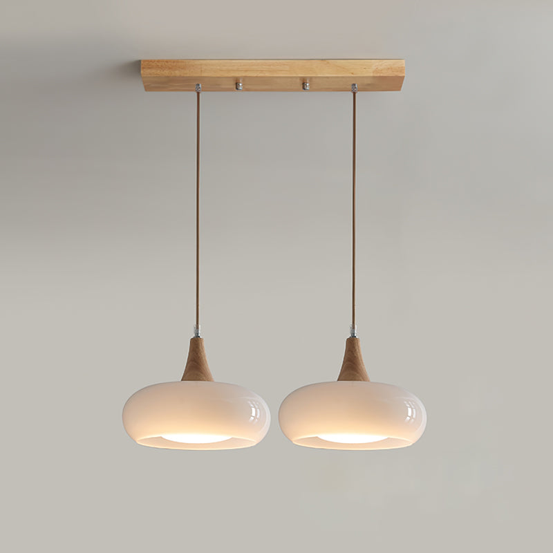 Modern Amber Glass And Round Wood Accent Pendant Light With Metal Frame