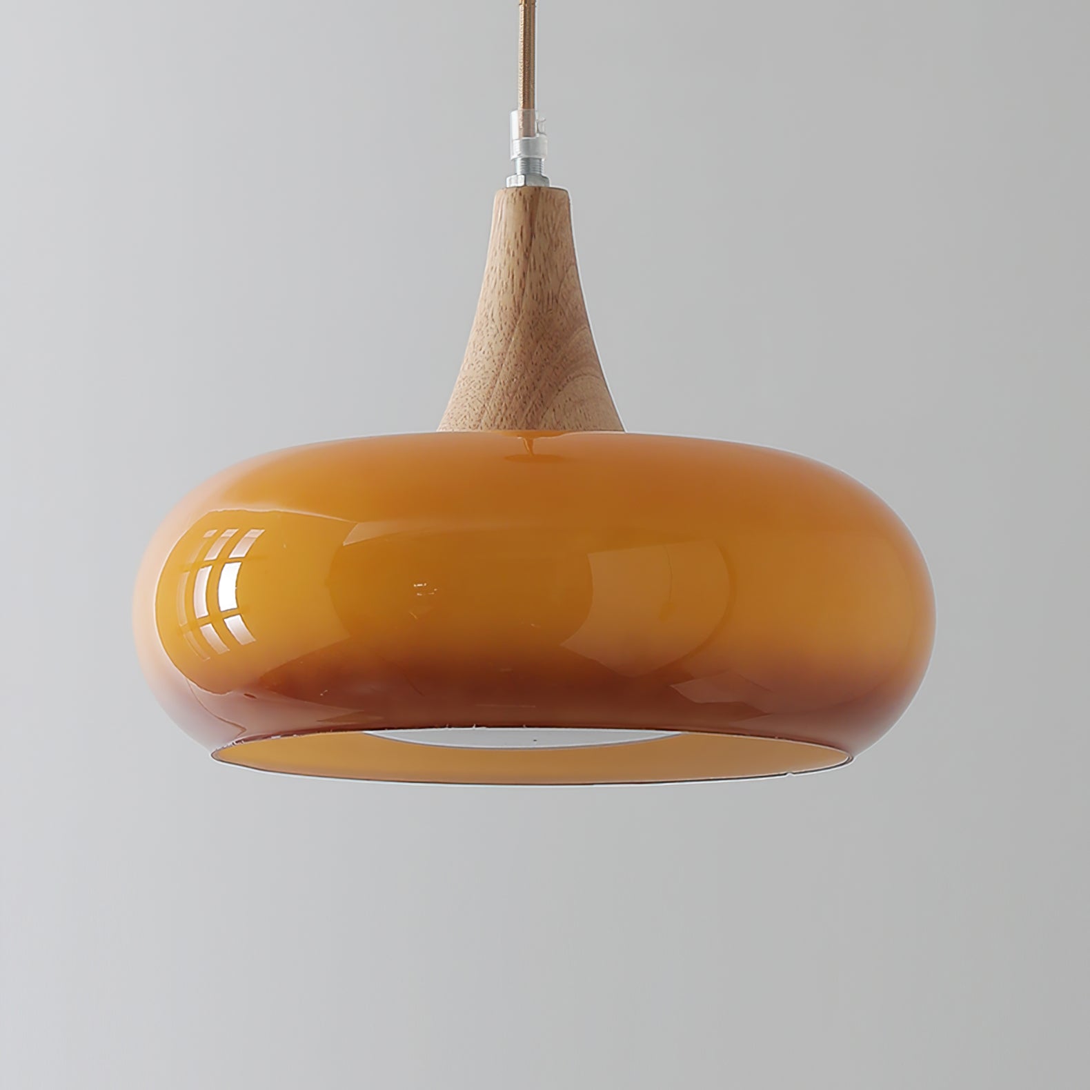 Modern Amber Glass And Round Wood Accent Pendant Light With Metal Frame