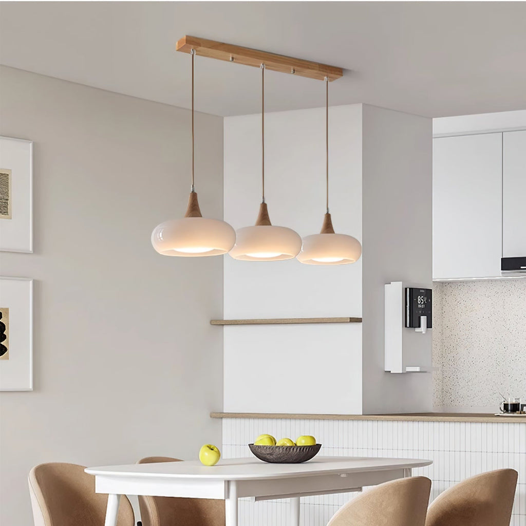 Modern Amber Glass And Round Wood Accent Pendant Light With Metal Frame