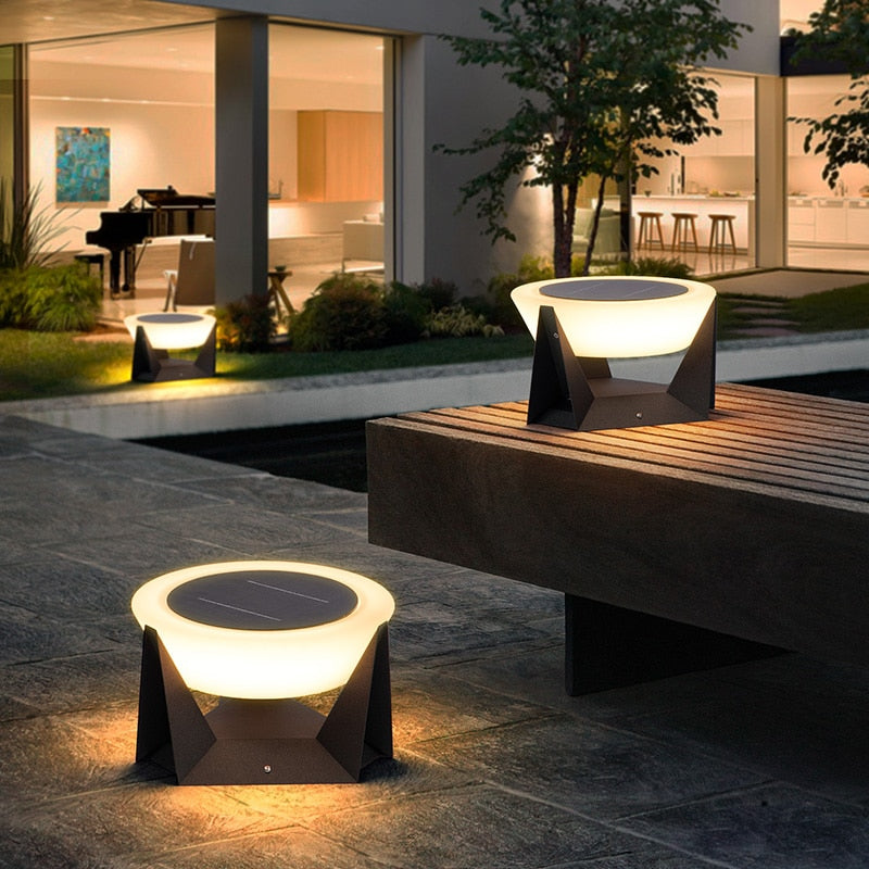 Black Square Solar Garden Lamp With Soft White Illuminated Top