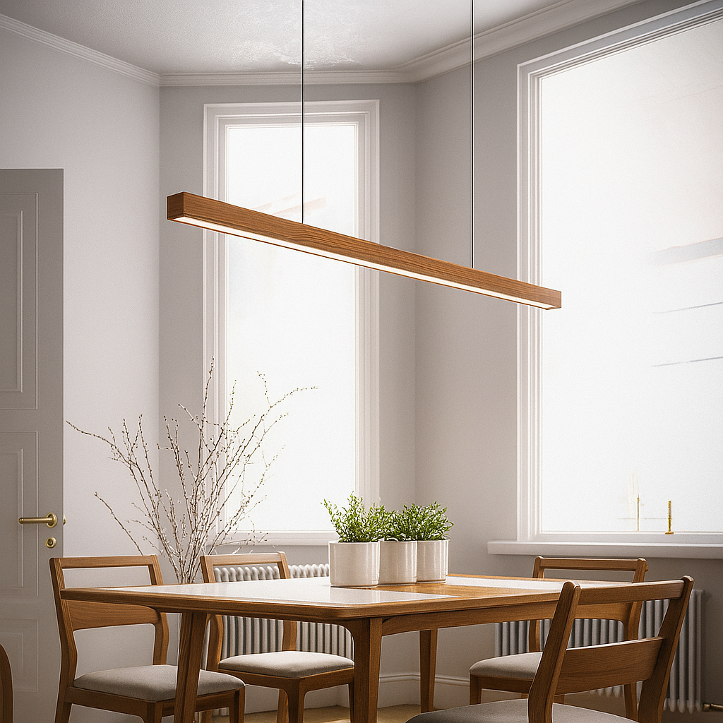 Modern Wooden Led Linear Pendant Light With Adjustable Suspension Cable