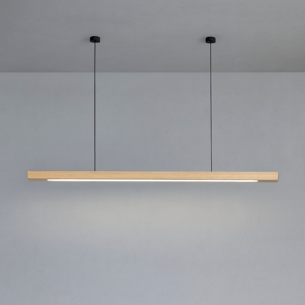 Modern Wooden Led Linear Pendant Light With Adjustable Suspension Cable