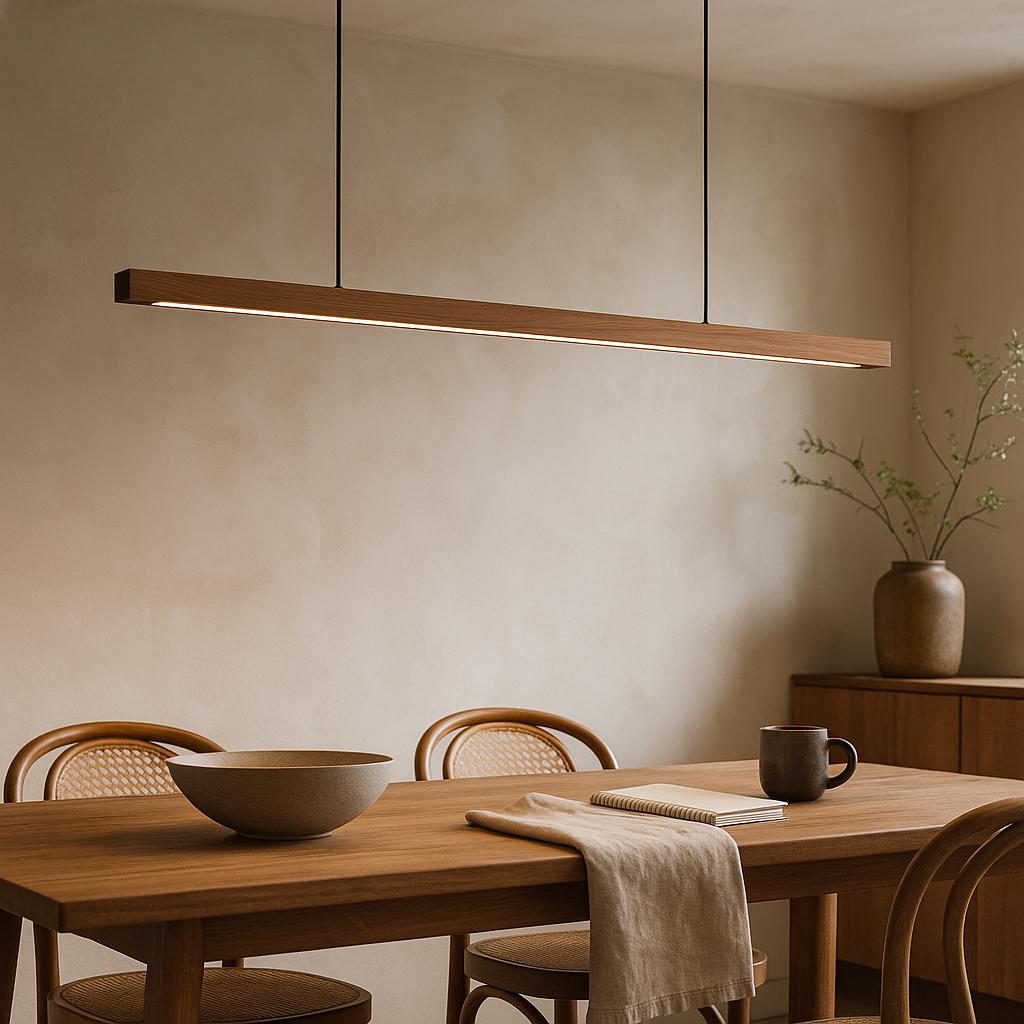 Modern Wooden Led Linear Pendant Light With Adjustable Suspension Cable