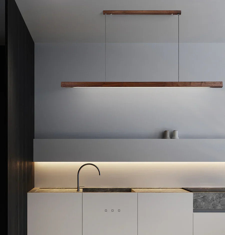 Modern Wooden Led Linear Pendant Light With Adjustable Suspension Cable