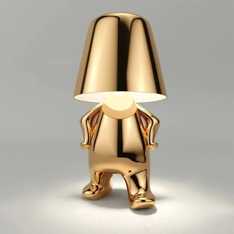 Reflective Metallic Table Lamp With Sculptural Seated Base And Dome Shade