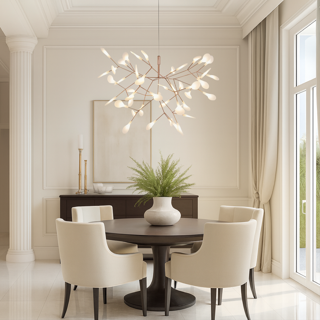 Rose Gold Firefly LED Acrylic Chandelier With Metal Branching Arms