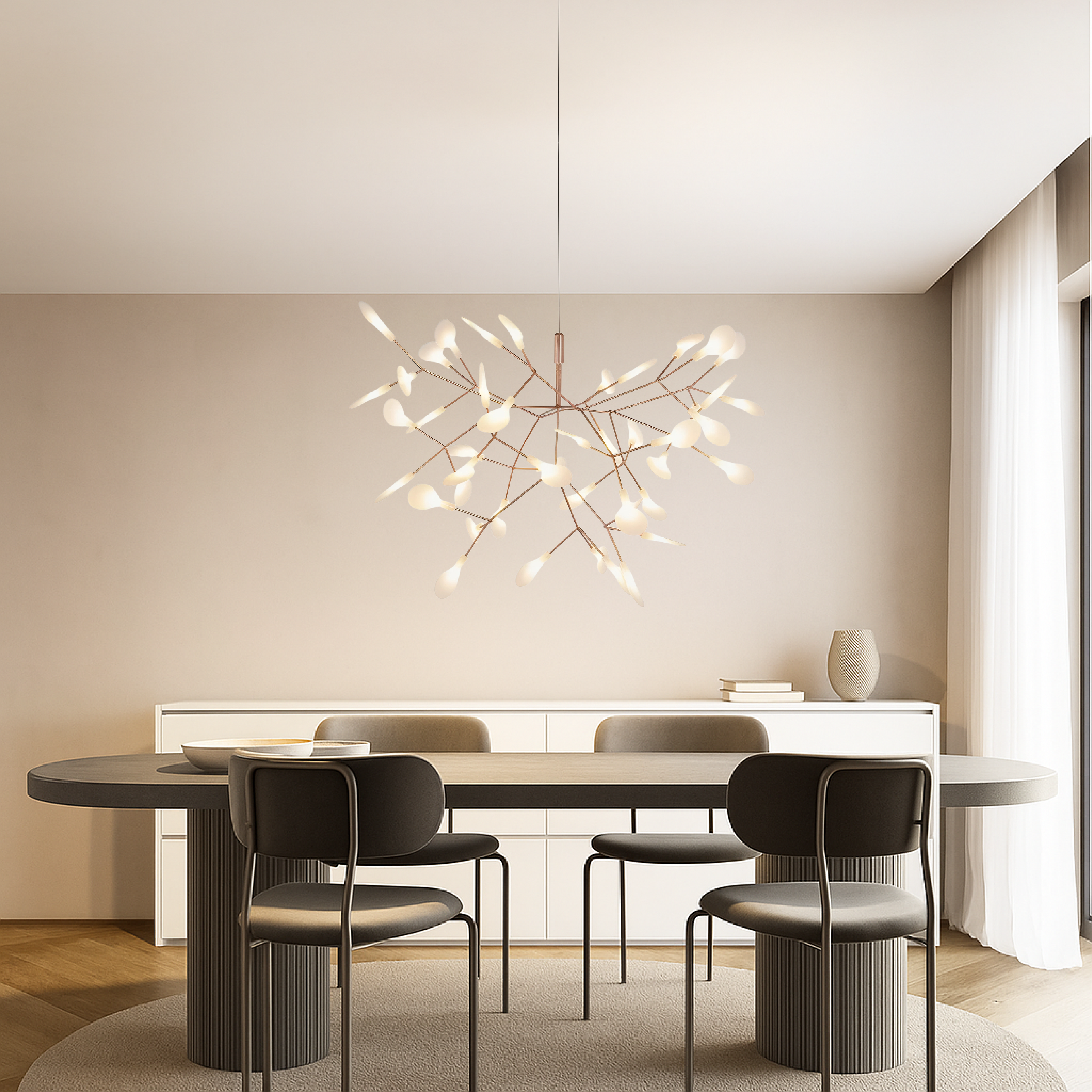 Rose Gold Firefly LED Acrylic Chandelier With Metal Branching Arms
