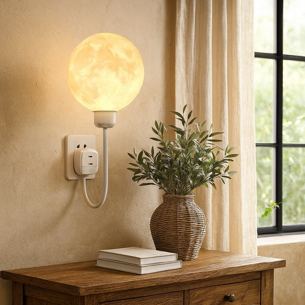 Lumina Moon Shape Plug In Wall Lamp Cream Finish Bedroom Light