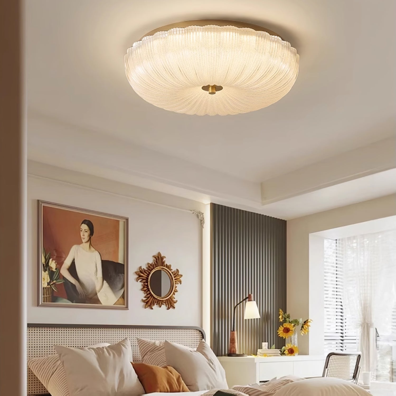 Modern Rippled Glass Flush Mount Ceiling Light With Satin Nickel