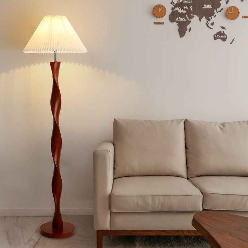 Japanese Walnut Twisted Column Floor Lamp With Pleated Fabric Shade