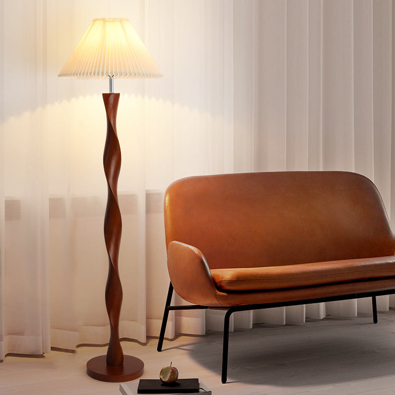 Japanese Walnut Twisted Column Floor Lamp With Pleated Fabric Shade