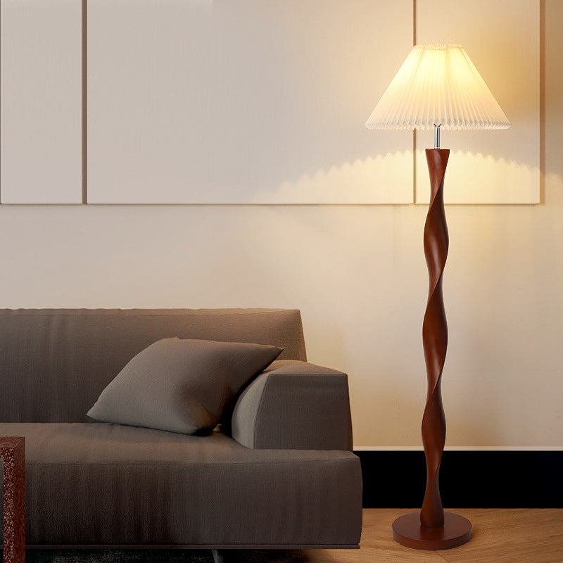 Japanese Walnut Twisted Column Floor Lamp With Pleated Fabric Shade