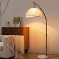 Contemporary Curved Bamboo Floor Lamp Featuring Pleated Linen Shade