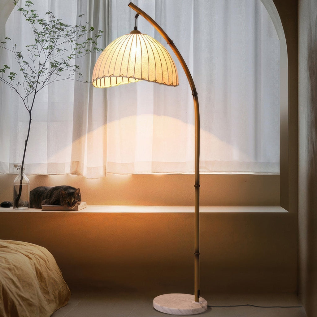 Contemporary Curved Bamboo Floor Lamp Featuring Pleated Linen Shade