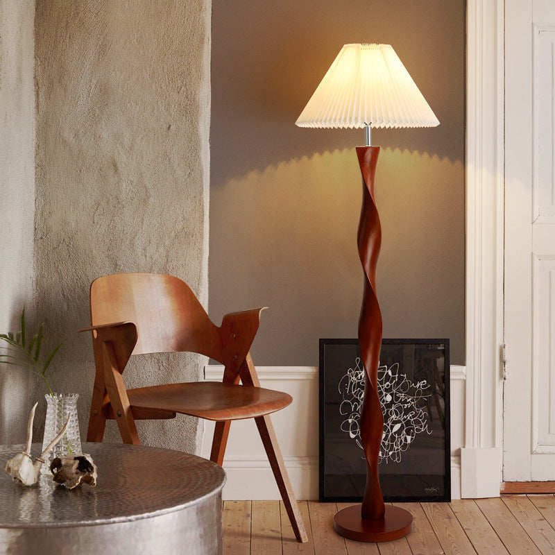 Japanese Walnut Twisted Column Floor Lamp With Pleated Fabric Shade