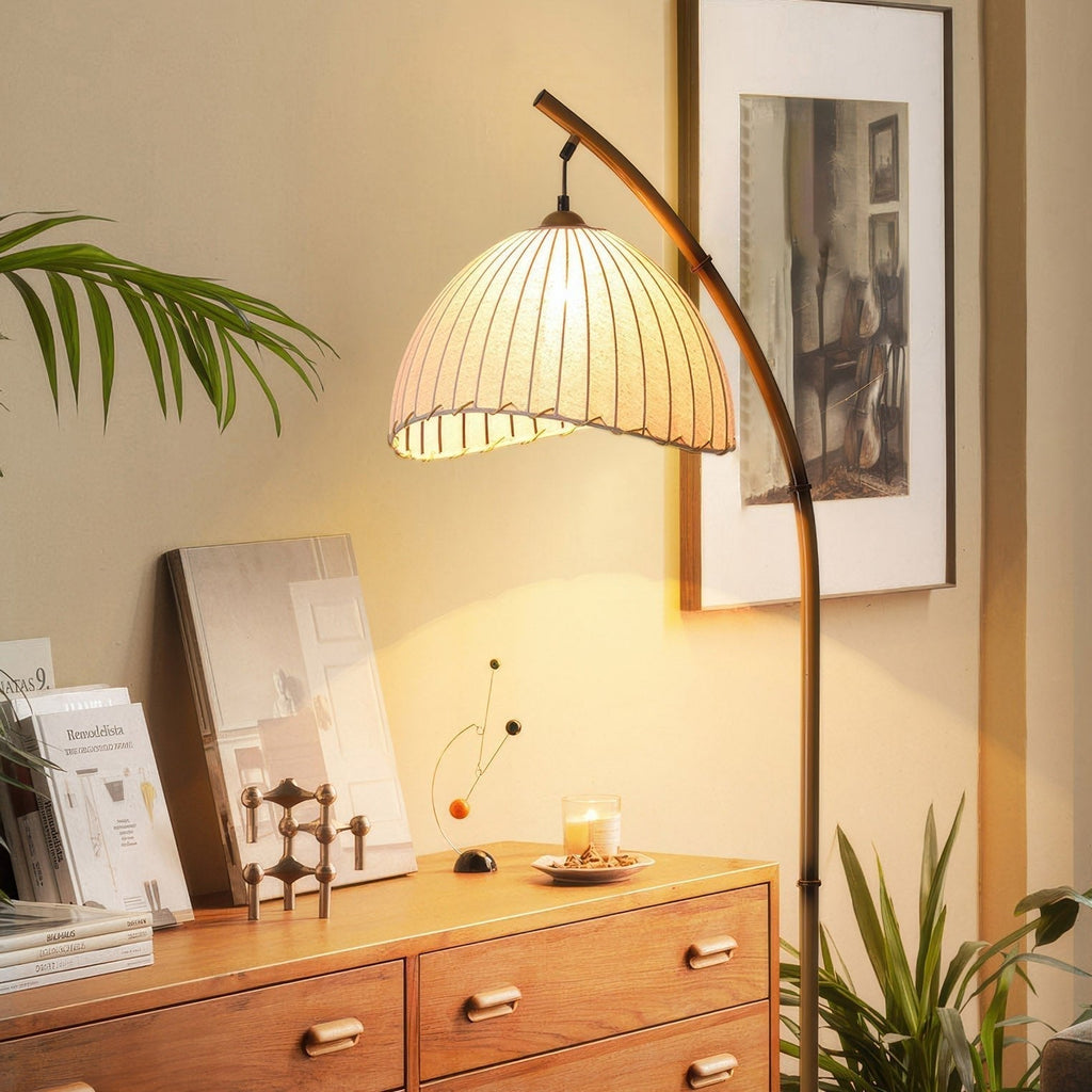 Contemporary Curved Bamboo Floor Lamp Featuring Pleated Linen Shade