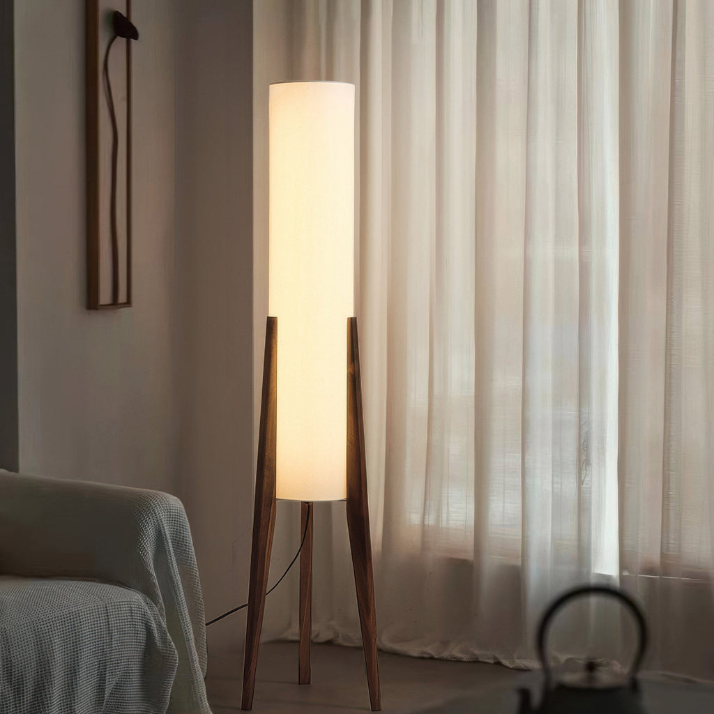 Midcentury Solid Walnut Tripod Floor Lamp With Fabric Drum Shade
