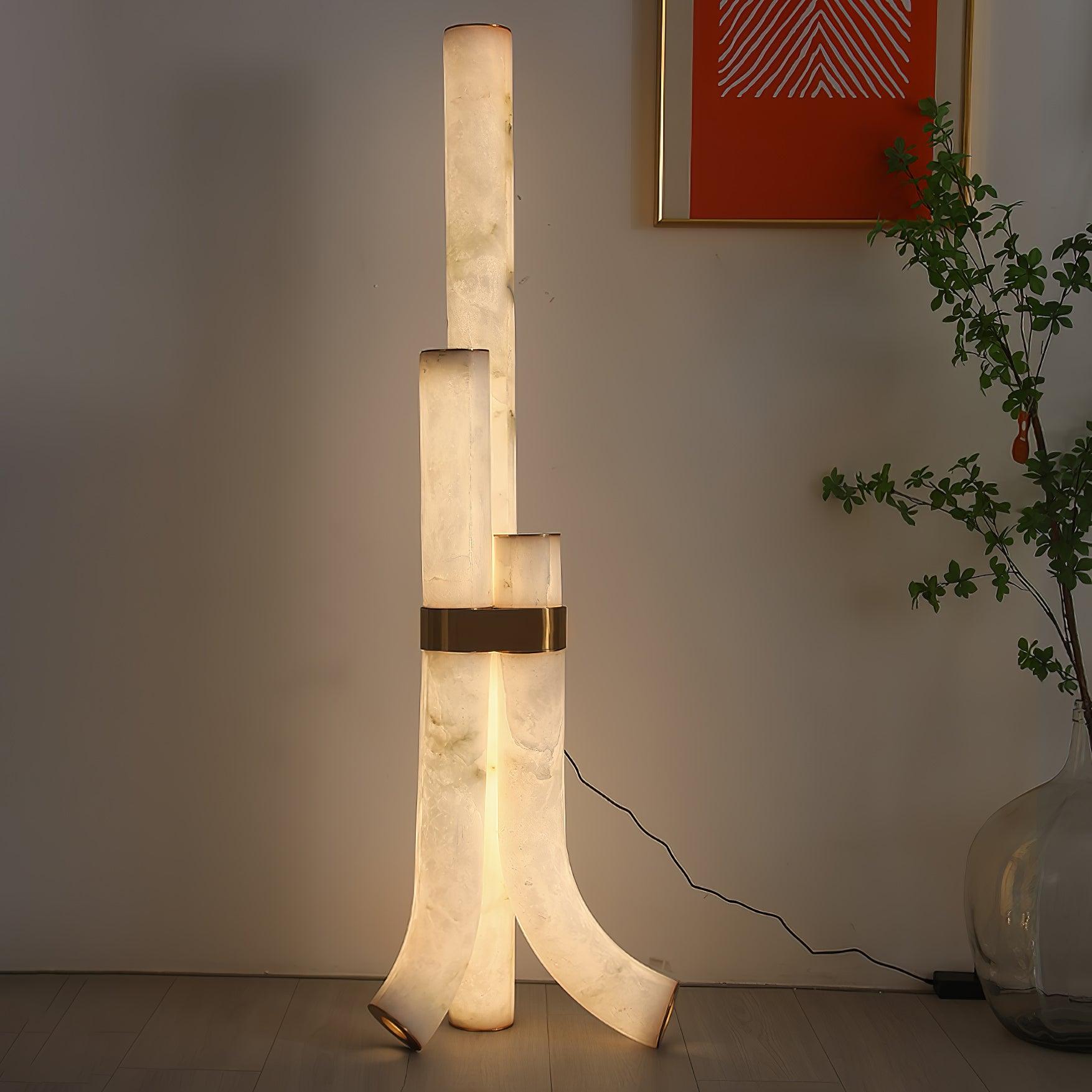 Stone Floor Lamp With Tall Alabaster Panels And Brass Accents