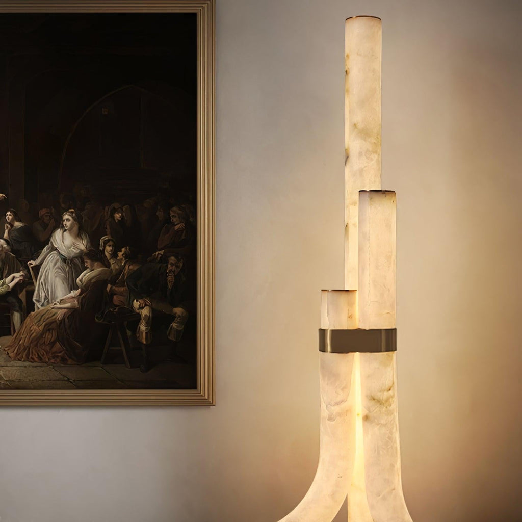 Stone Floor Lamp With Tall Alabaster Panels And Brass Accents