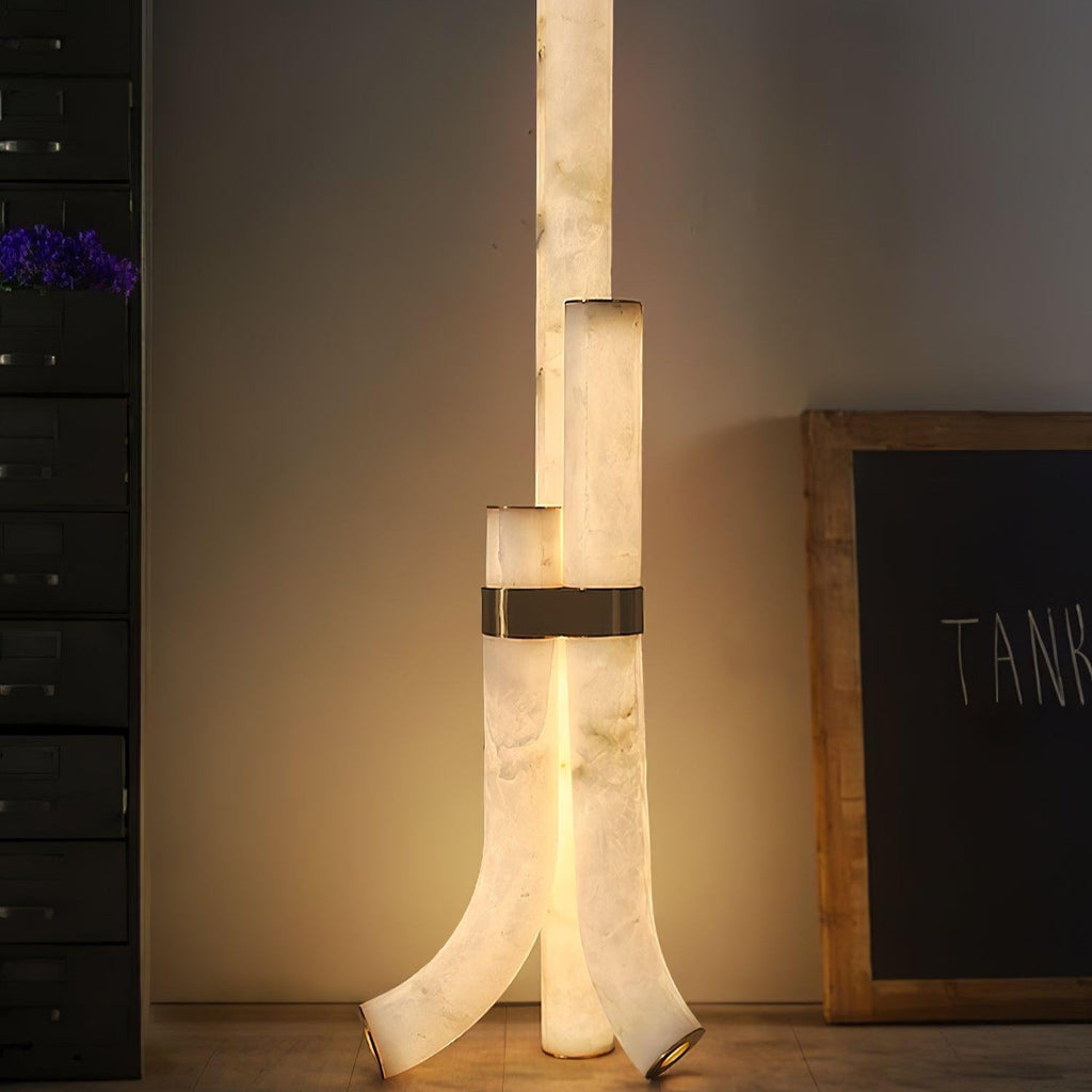 Stone Floor Lamp With Tall Alabaster Panels And Brass Accents