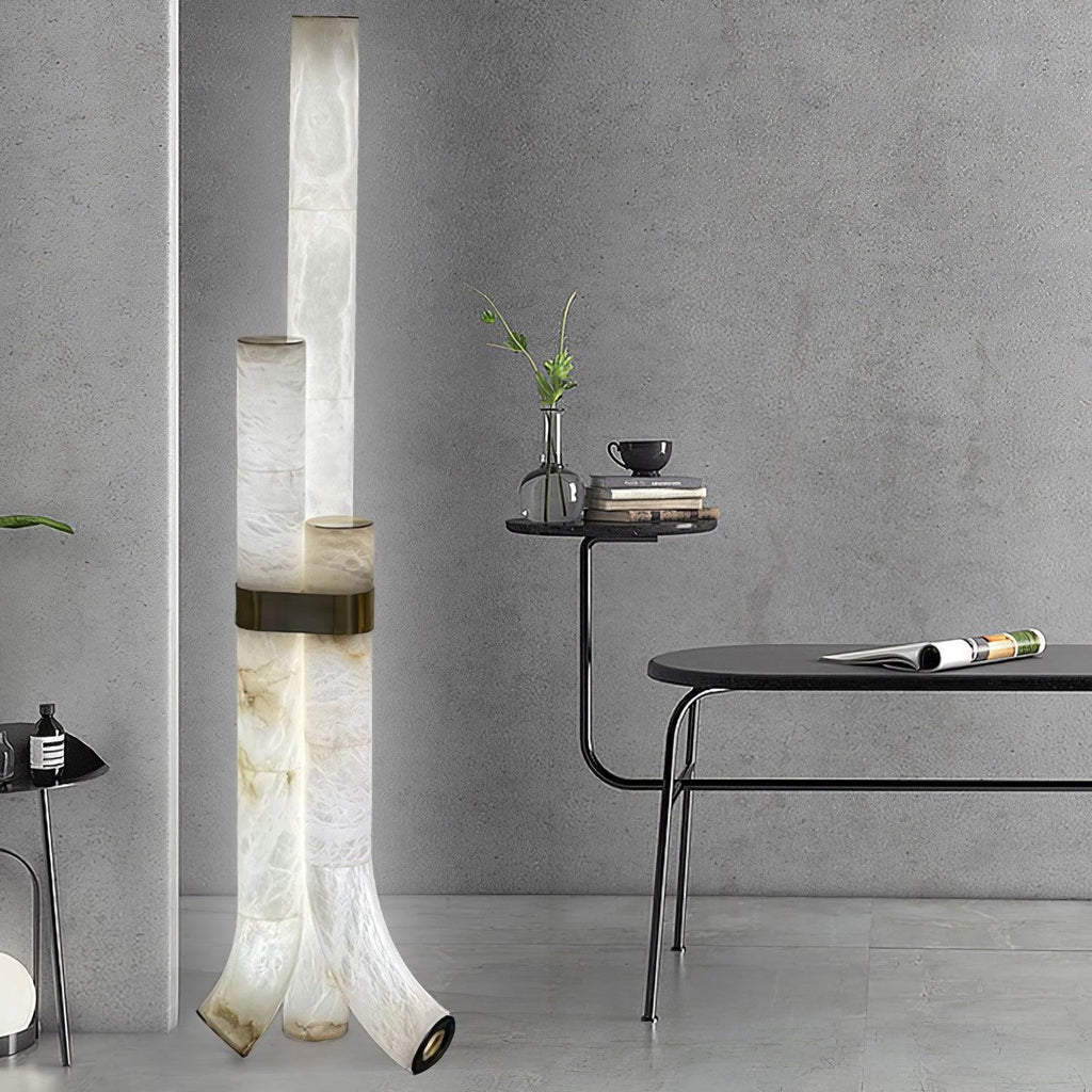 Stone Floor Lamp With Tall Alabaster Panels And Brass Accents