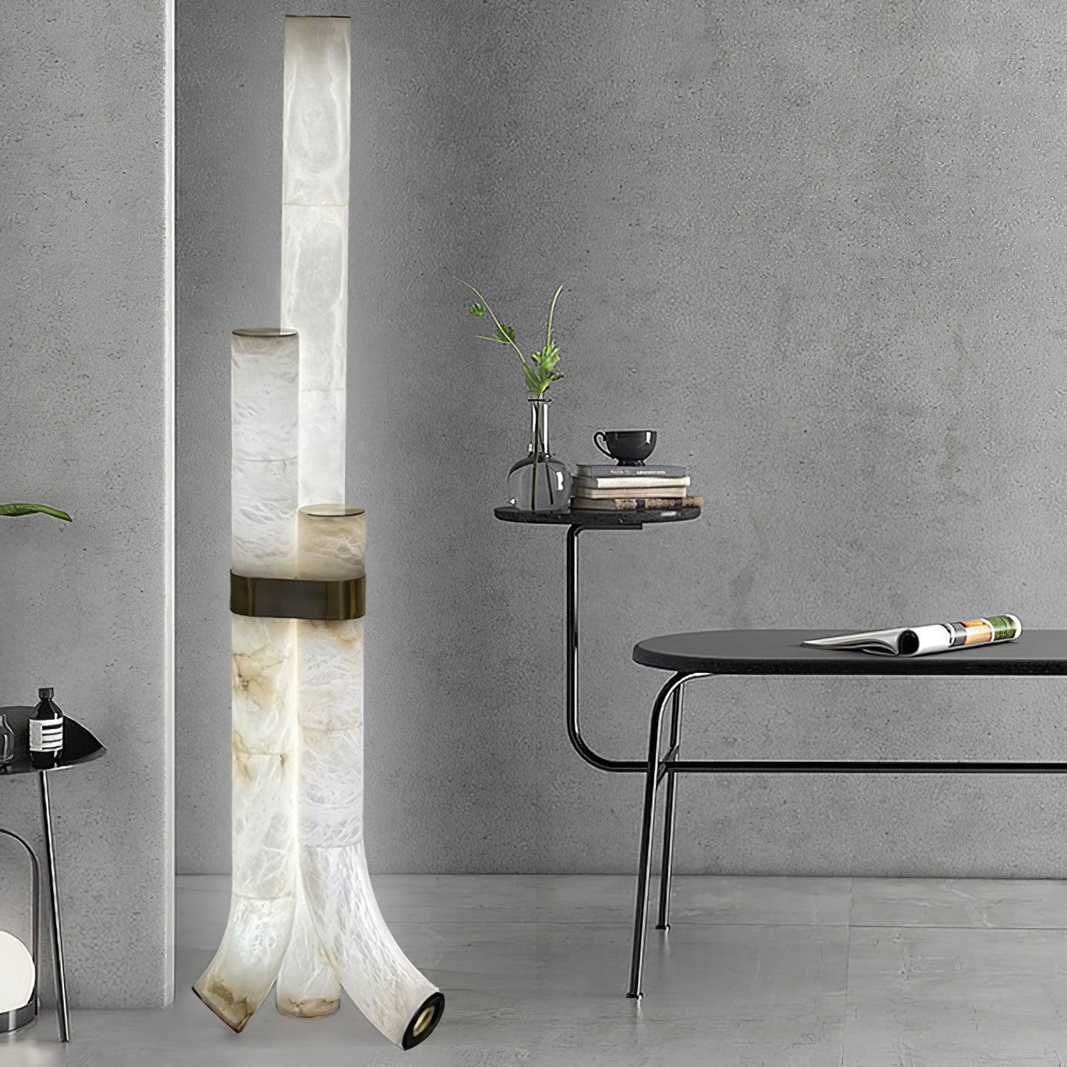 Stone Floor Lamp With Tall Alabaster Panels And Brass Accents