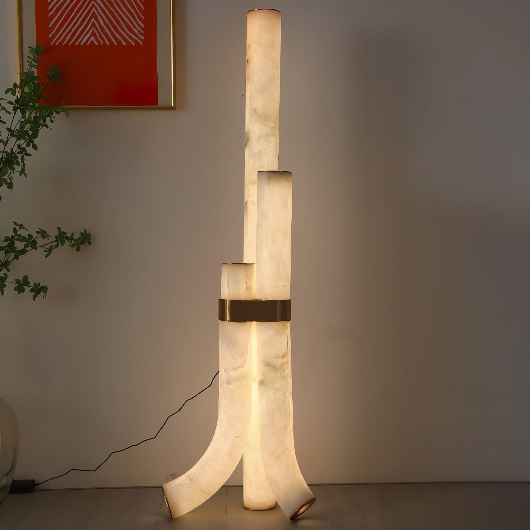 Stone Floor Lamp With Tall Alabaster Panels And Brass Accents