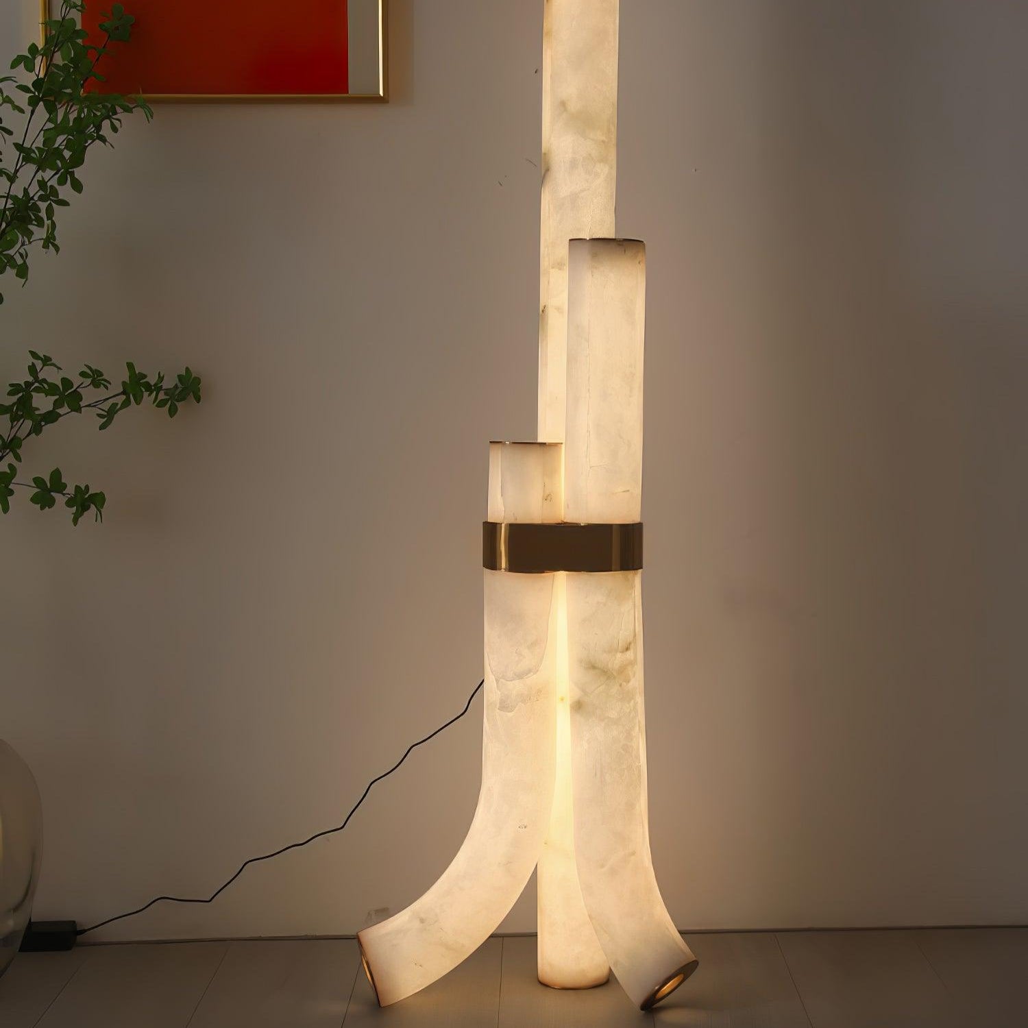 Stone Floor Lamp With Tall Alabaster Panels And Brass Accents