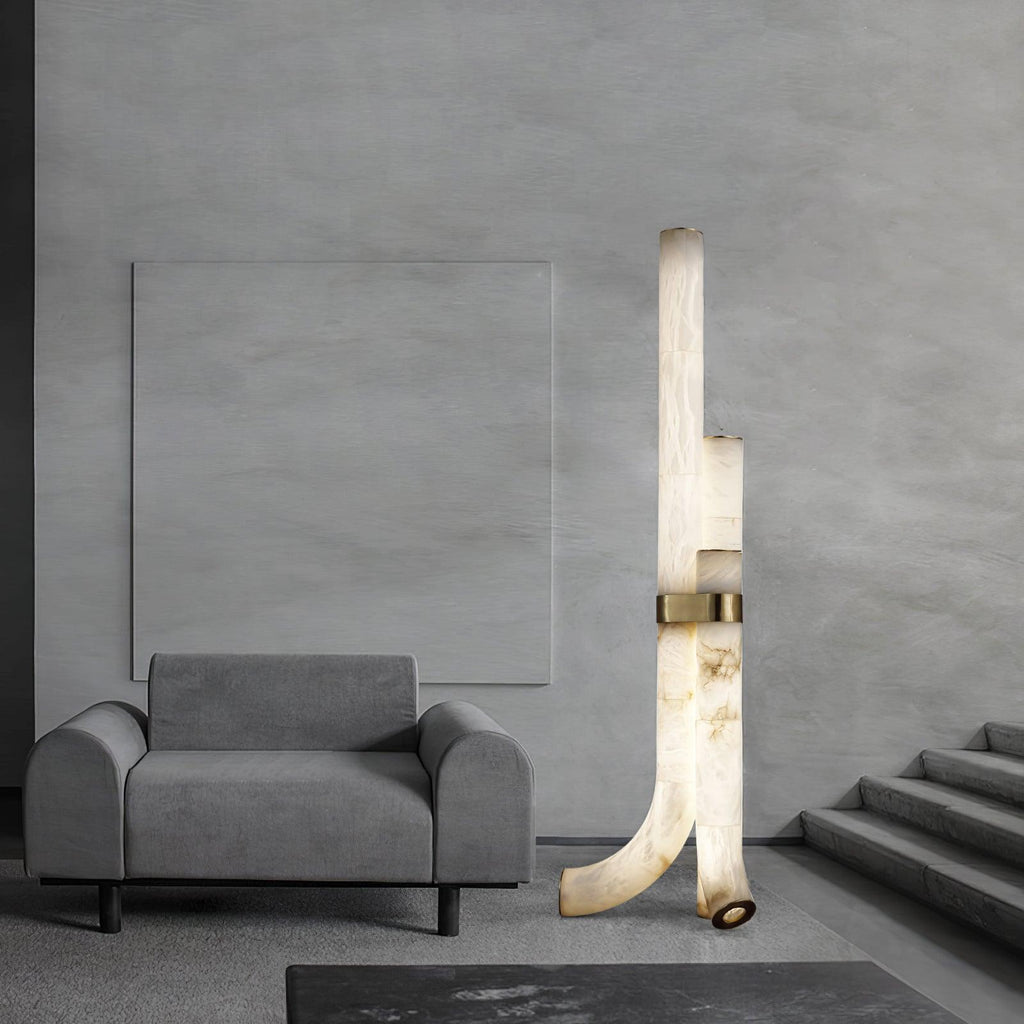 Stone Floor Lamp With Tall Alabaster Panels And Brass Accents
