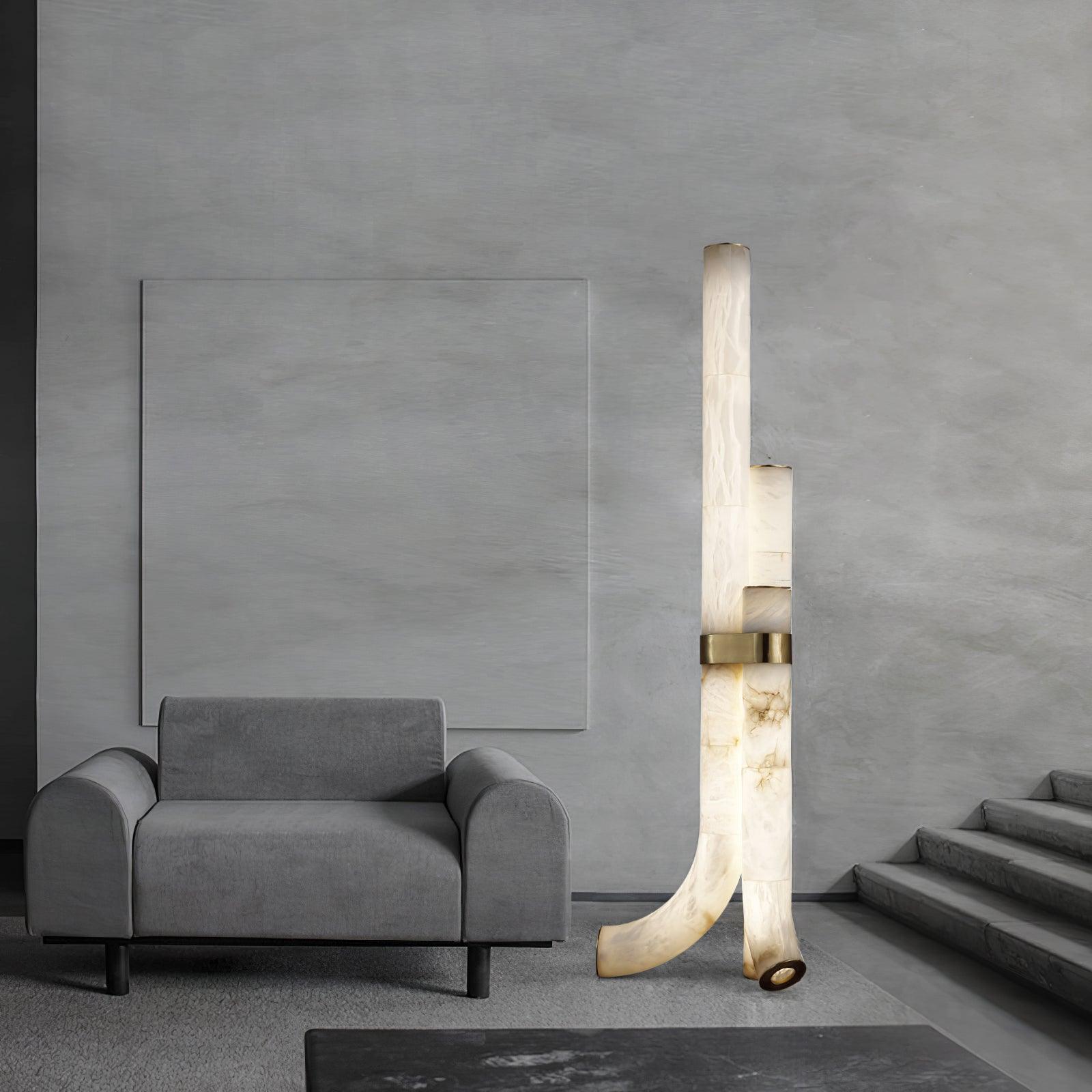 Stone Floor Lamp With Tall Alabaster Panels And Brass Accents