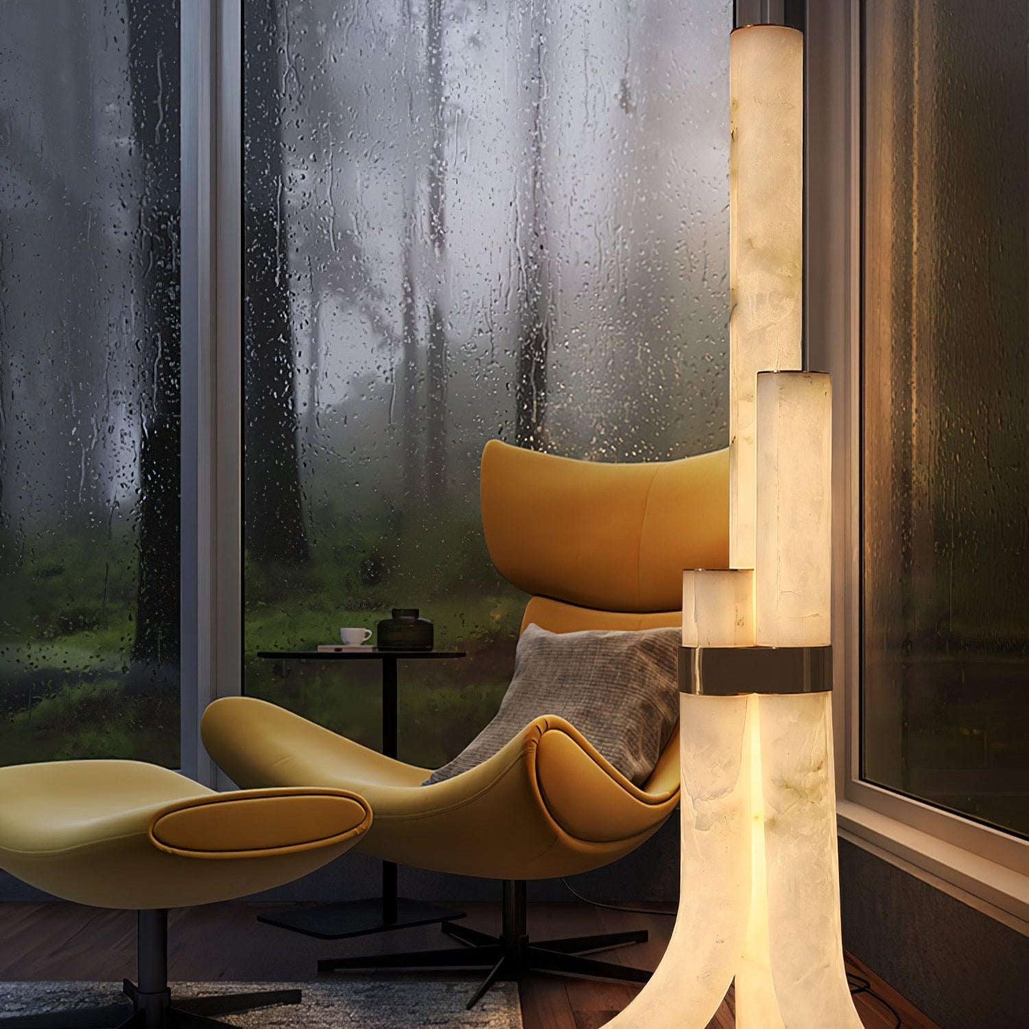 Stone Floor Lamp With Tall Alabaster Panels And Brass Accents