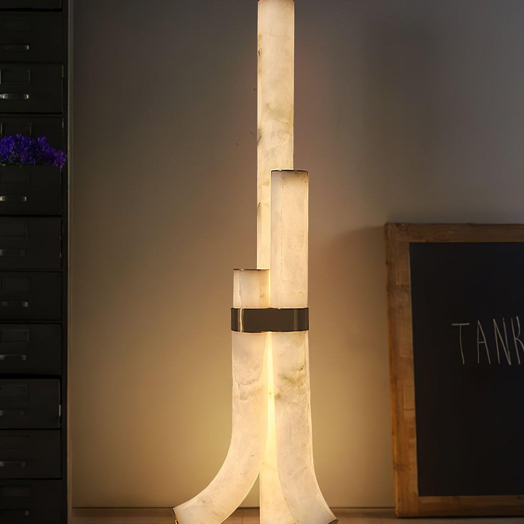 Stone Floor Lamp With Tall Alabaster Panels And Brass Accents