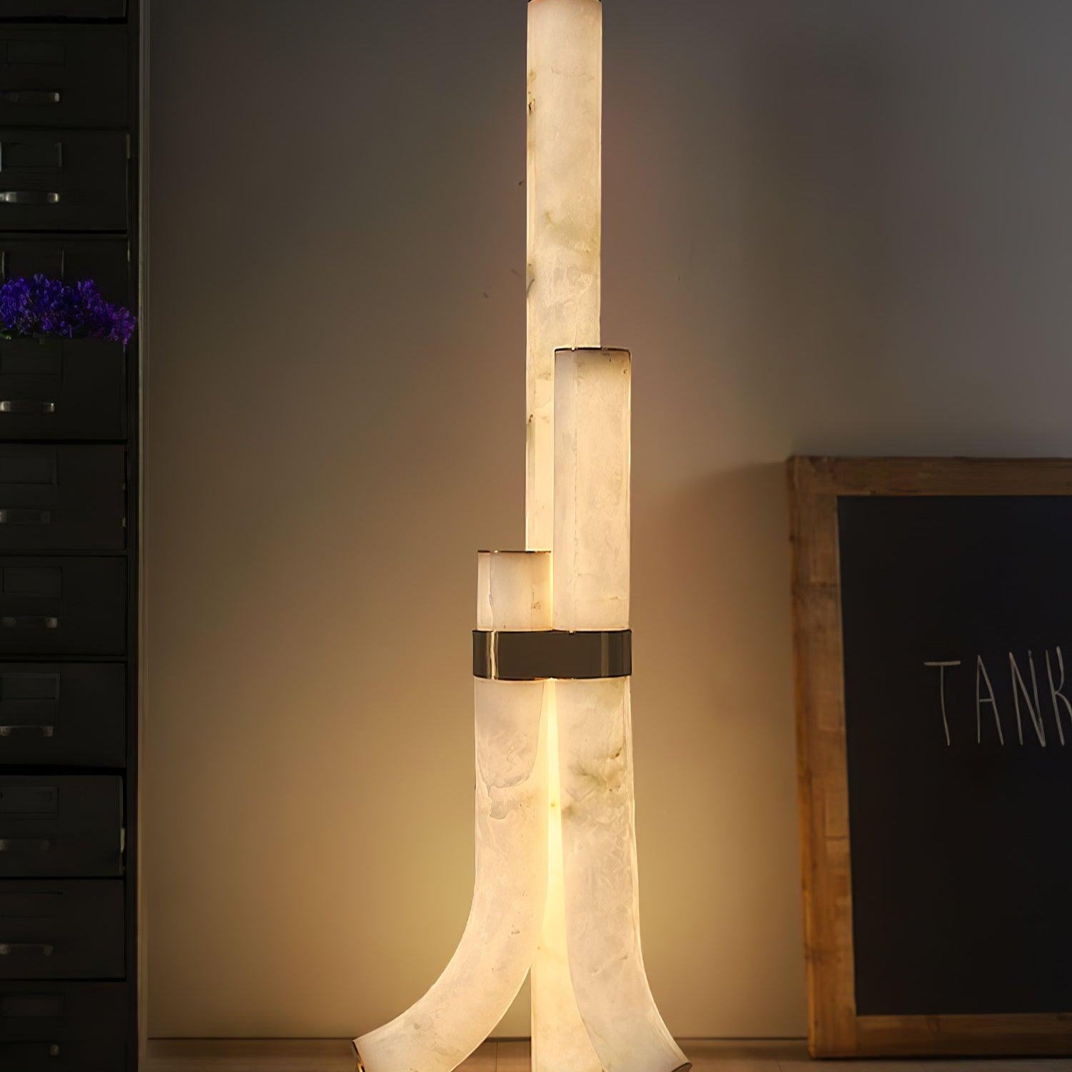 Stone Floor Lamp With Tall Alabaster Panels And Brass Accents