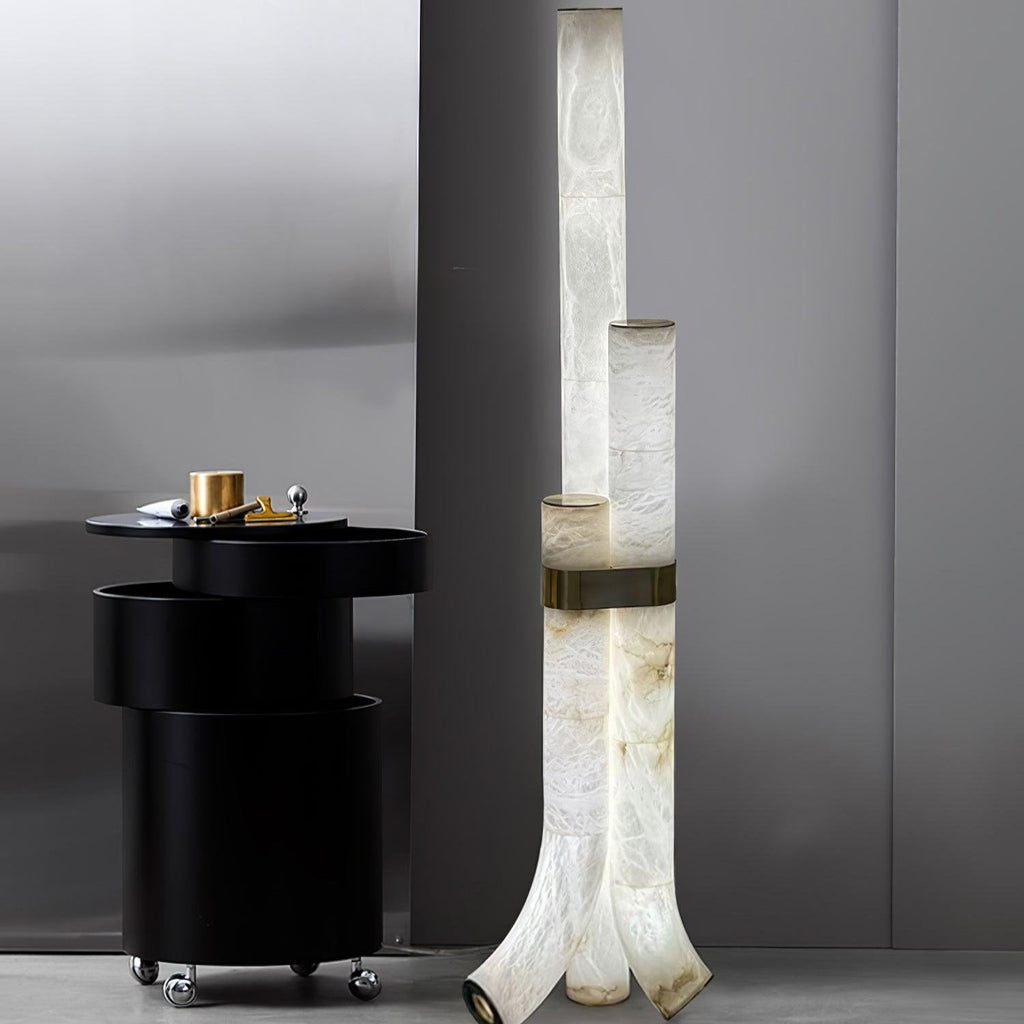 Stone Floor Lamp With Tall Alabaster Panels And Brass Accents