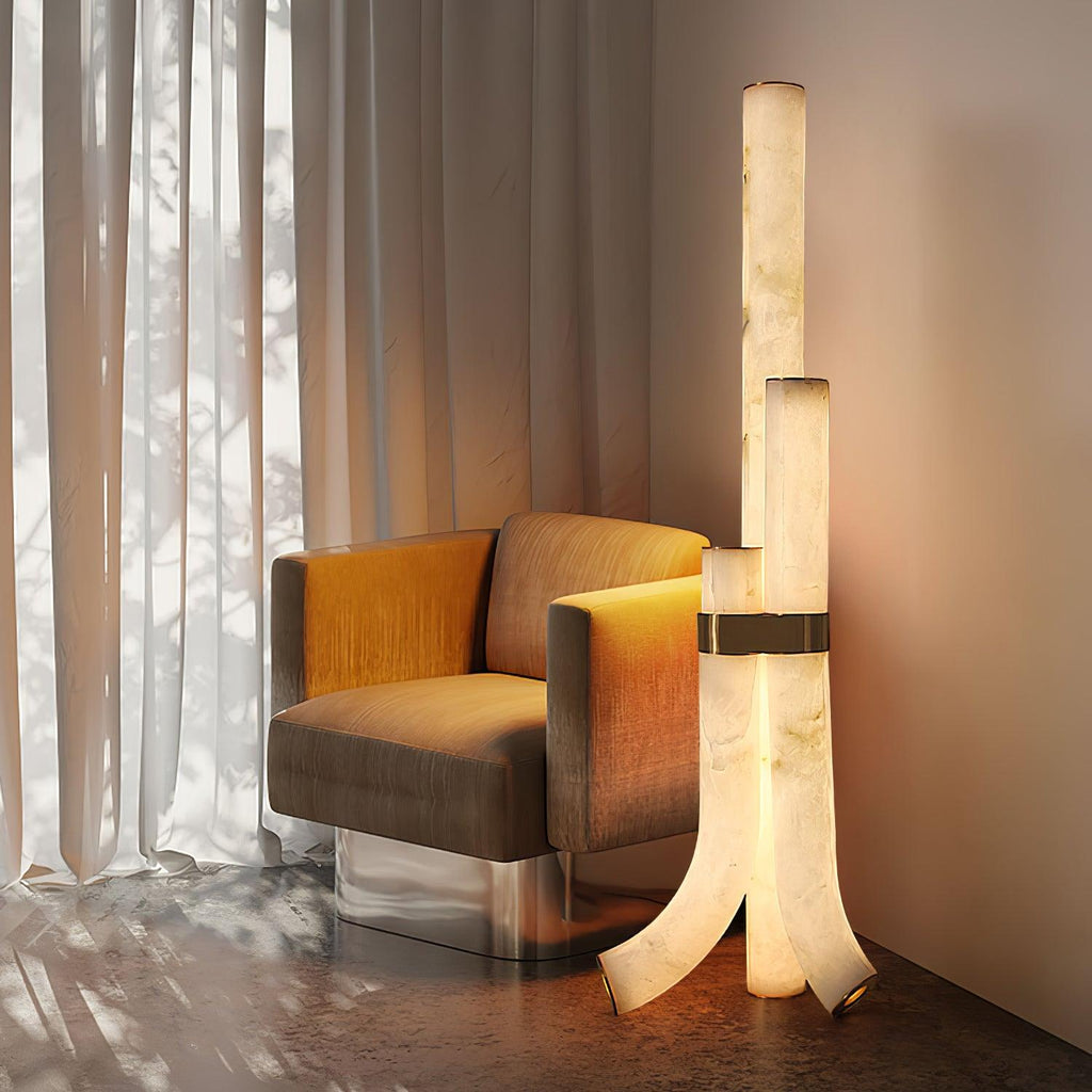 Stone Floor Lamp With Tall Alabaster Panels And Brass Accents