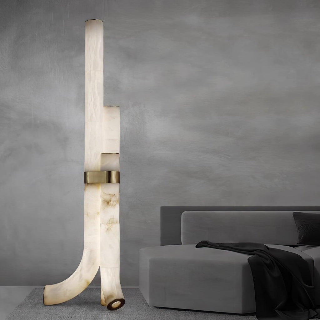 Stone Floor Lamp With Tall Alabaster Panels And Brass Accents