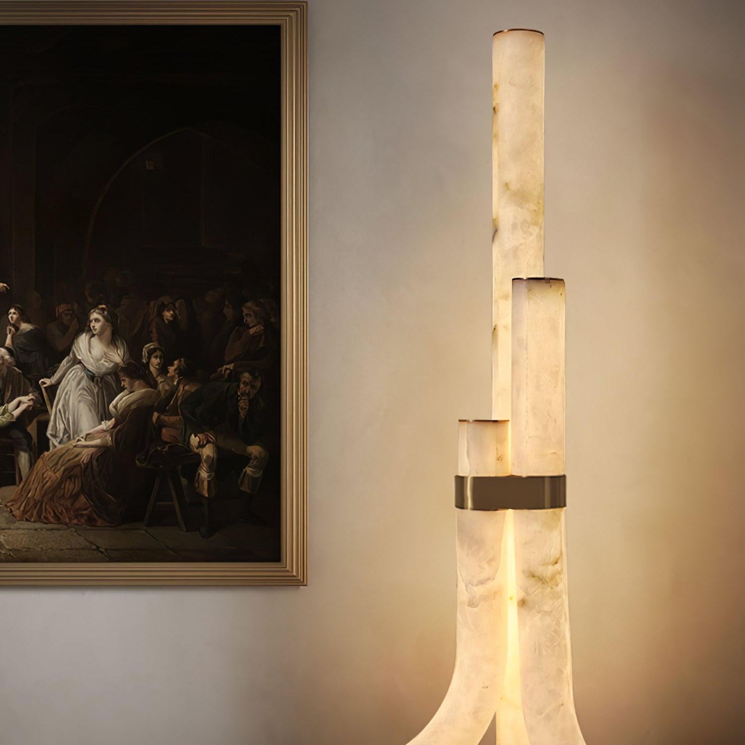 Stone Floor Lamp With Tall Alabaster Panels And Brass Accents