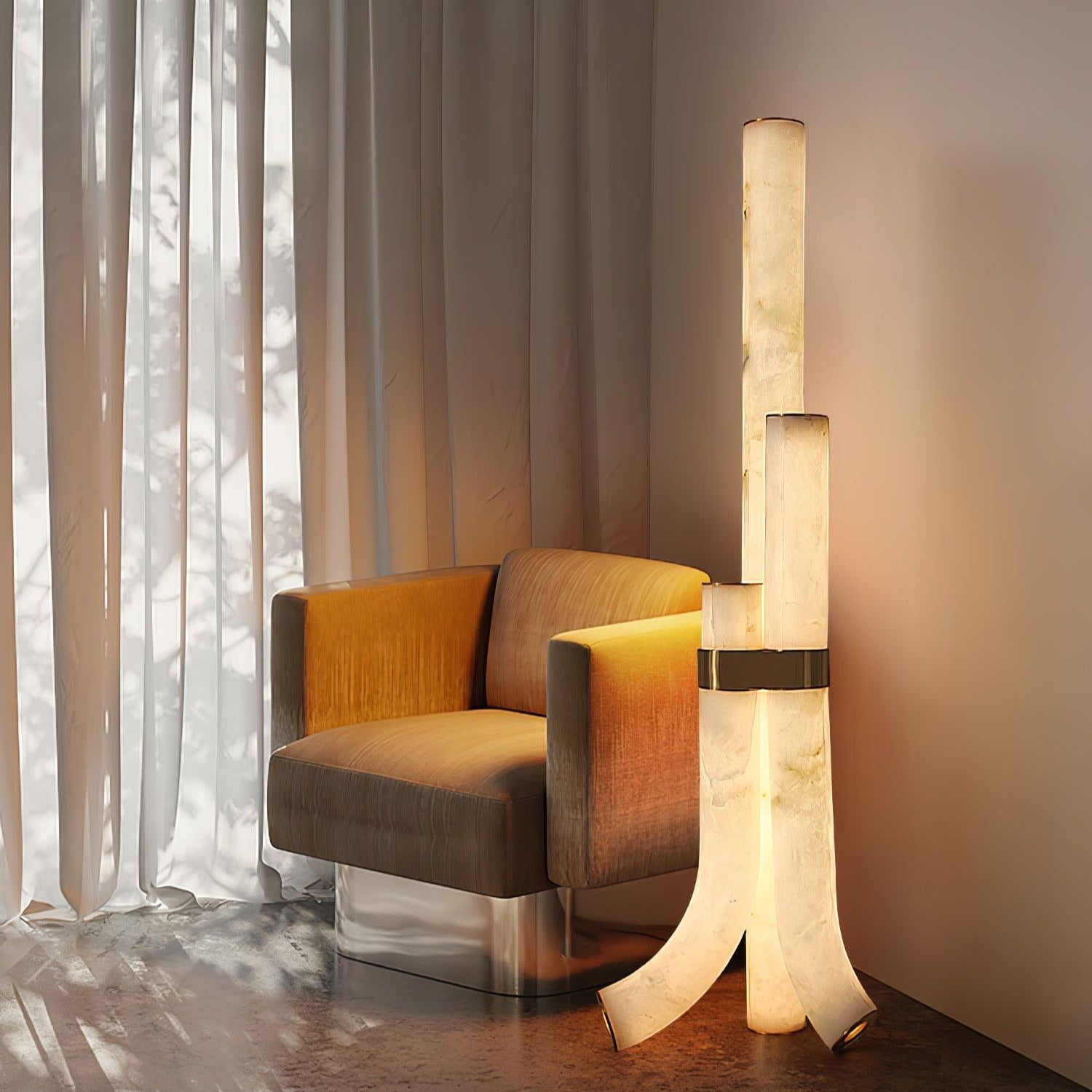 Stone Floor Lamp With Tall Alabaster Panels And Brass Accents