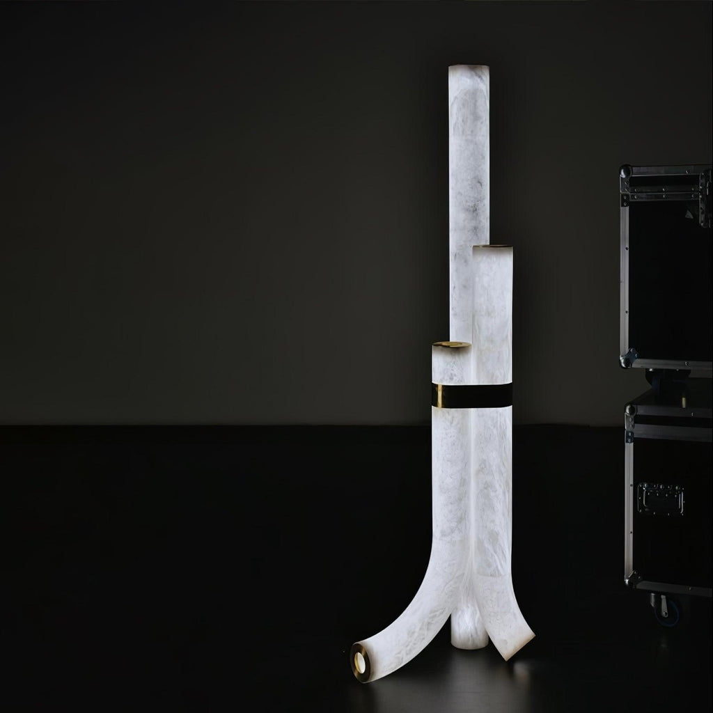 Stone Floor Lamp With Tall Alabaster Panels And Brass Accents