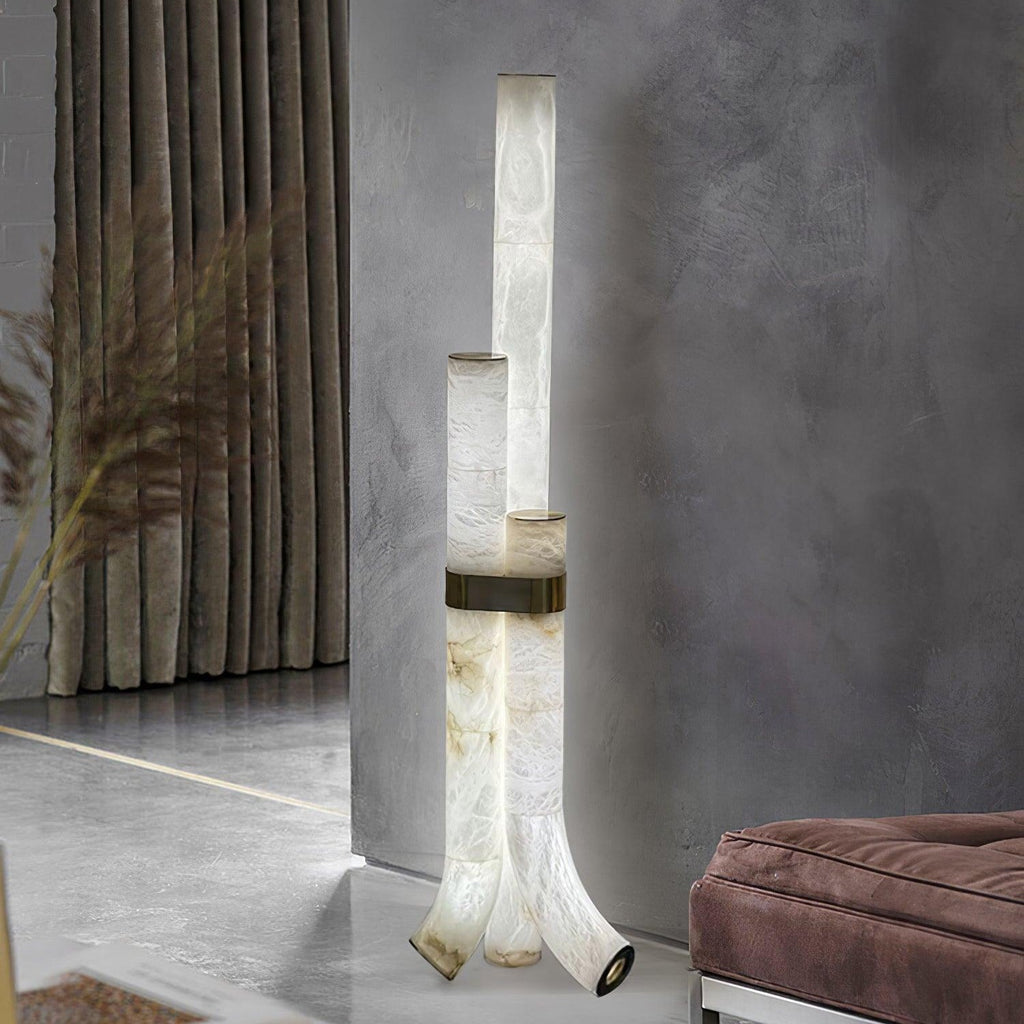 Stone Floor Lamp With Tall Alabaster Panels And Brass Accents