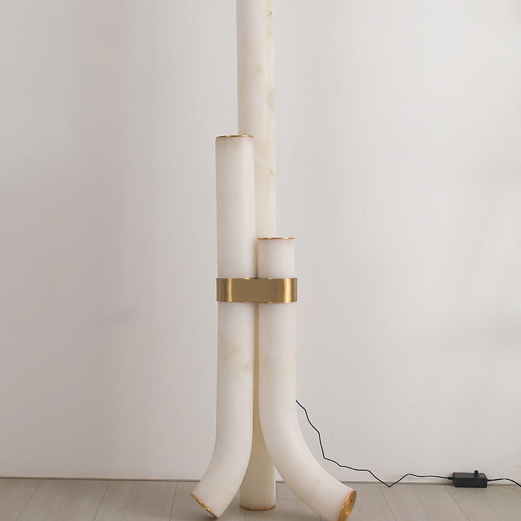 Stone Floor Lamp With Tall Alabaster Panels And Brass Accents