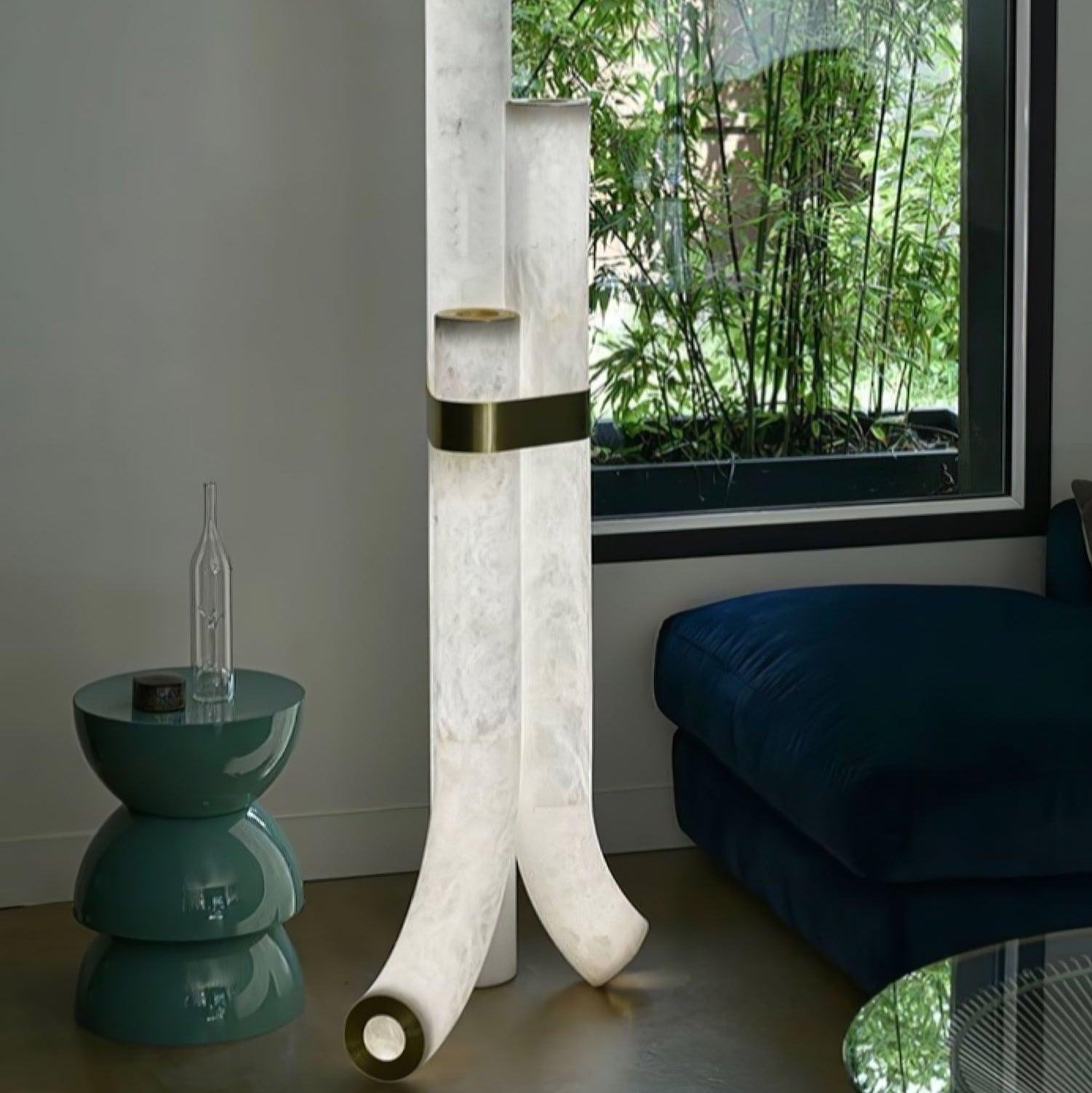 Stone Floor Lamp With Tall Alabaster Panels And Brass Accents