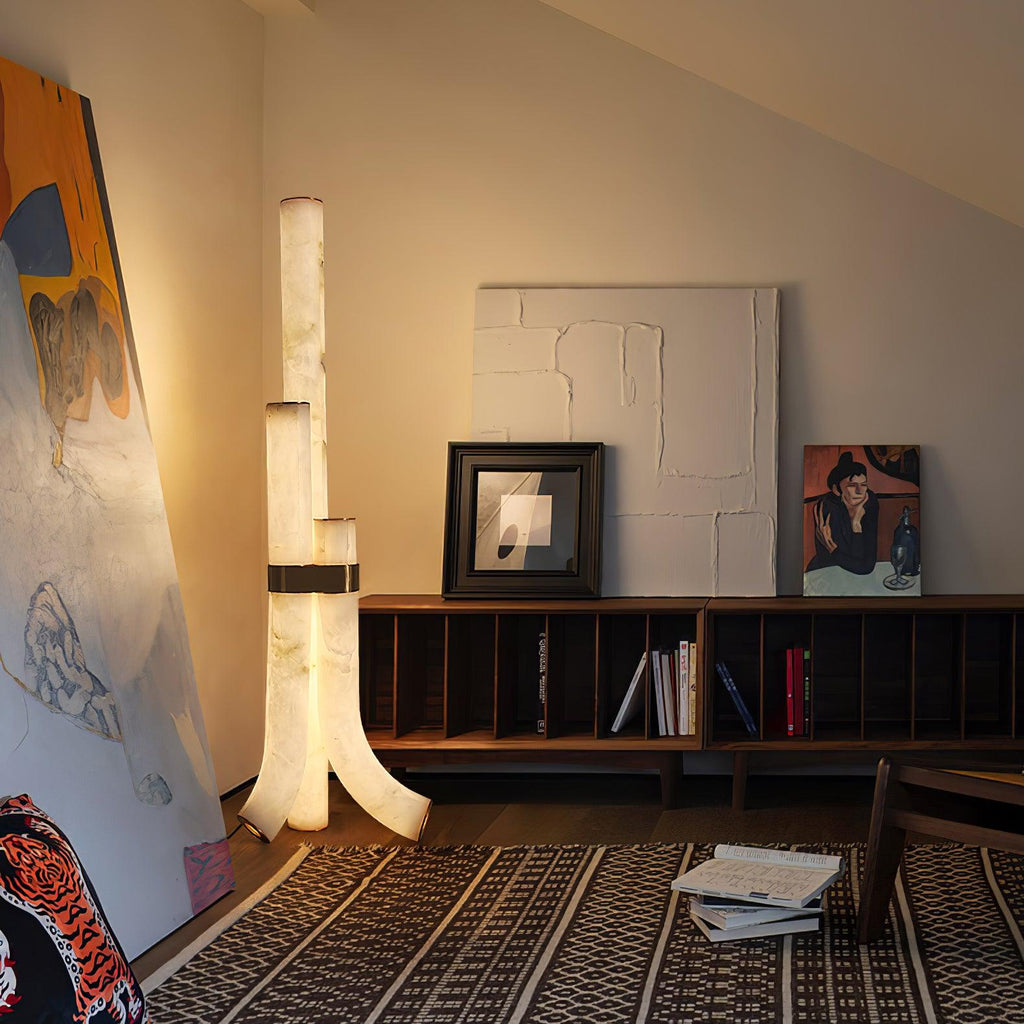 Stone Floor Lamp With Tall Alabaster Panels And Brass Accents
